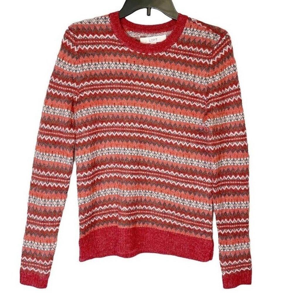 Loft Nordic Fair Isle Sweater Women's Red Multicolor Knit Pullover Crewneck‎ XS